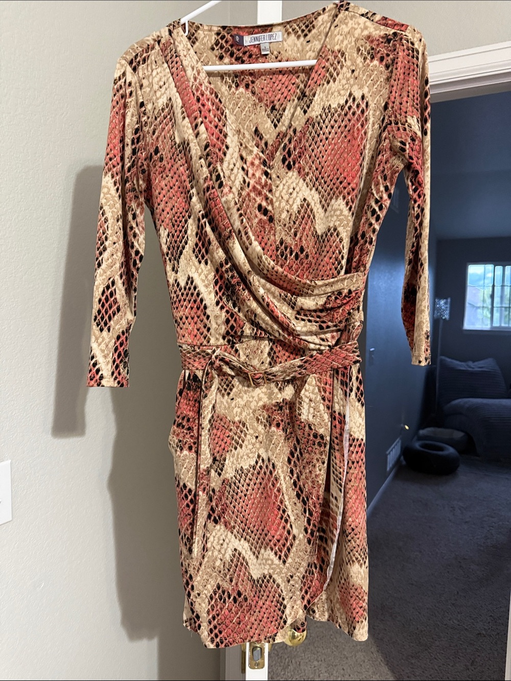 Jennifer Lopez Coral and Cream Snake-Print Wrap Dress
